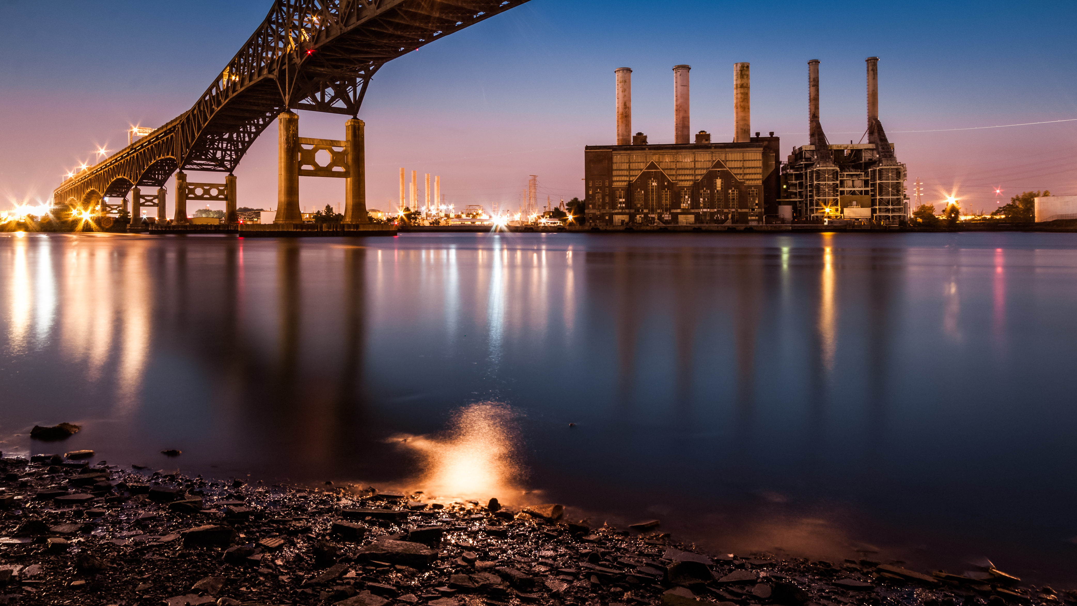 Kearny Power Station and Pulasky Skyway at dusk in NJ