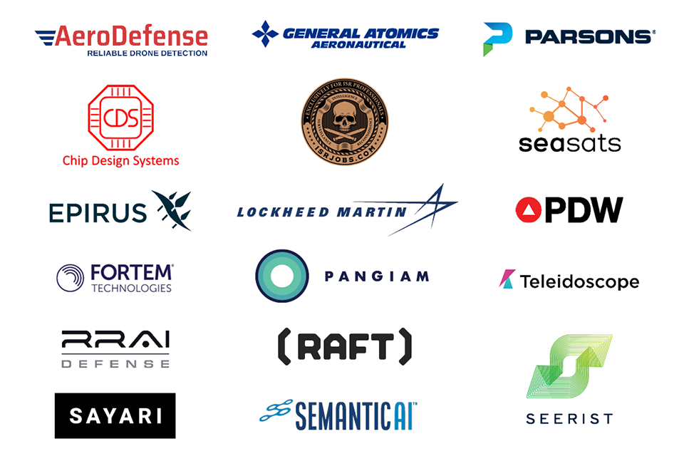 AeroDefense | General Atomics Aeronautical | Parsons | Chip Design Systems | ISRJOBS.COM | Seasats | Epirus | Lockheed Martin | PDW | Fortem Technologies | Pangiam | Teleidoscope | RRAI Defense | RAFT | Sayari | Seerist | Semantic AI