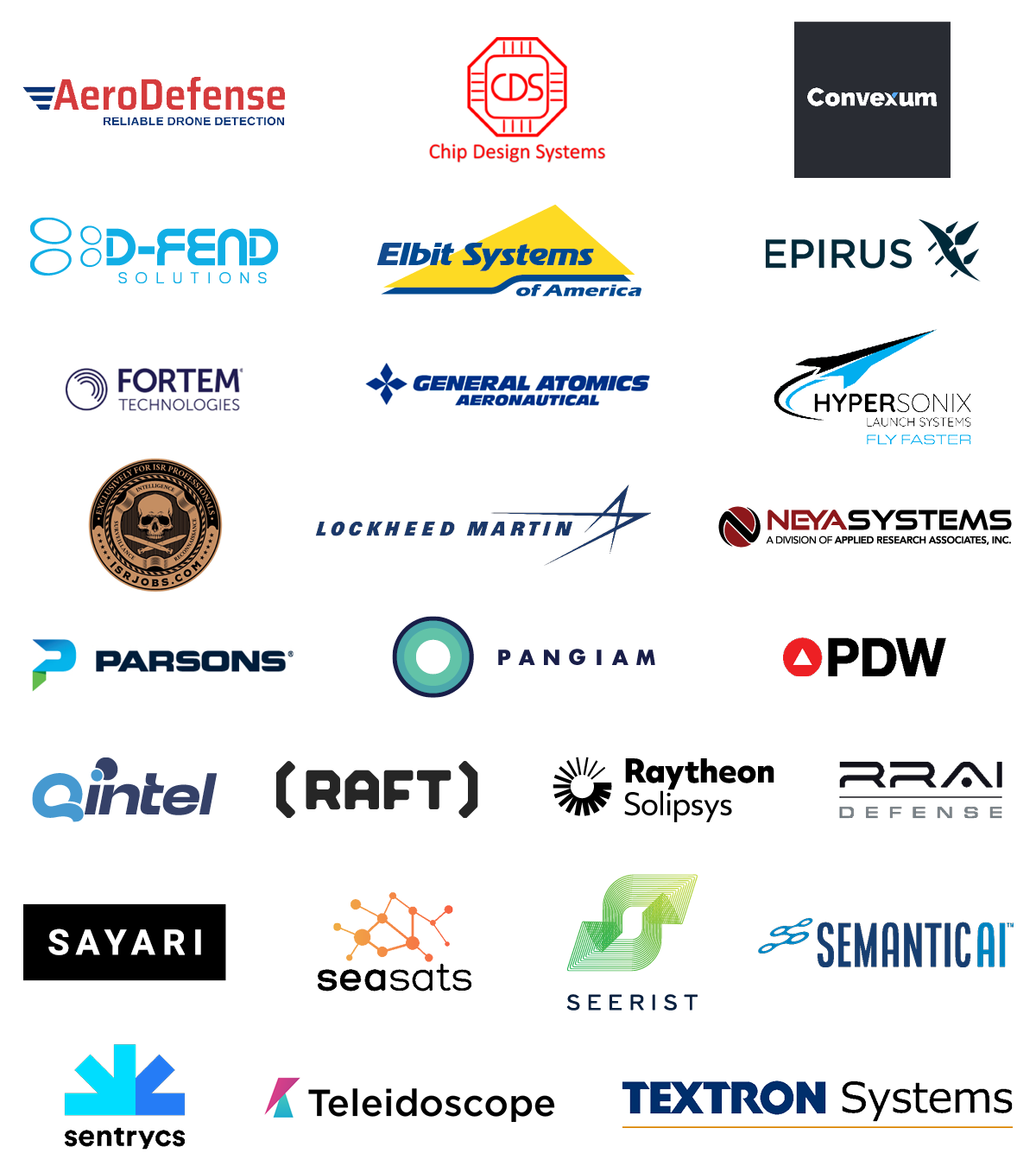 AeroDefense | Chip Design Systems | Convexum | D-Fend Solutions | Elbit Systems of America | Epirus |  Fortem Technologies | General Atomics Aeronautical | HyperSonix Launch Systems | ISRJOBS.com | Lockheed Martin | Neyasystems | Parsons | Pangiam | PDW | Qintel | RAFT | Raytheon Solipsys | RRAI Defense | Sayari | Seasats | Seerist | Semantic AI | Sentrycs | Teleidoscope | TEXTRON Systems